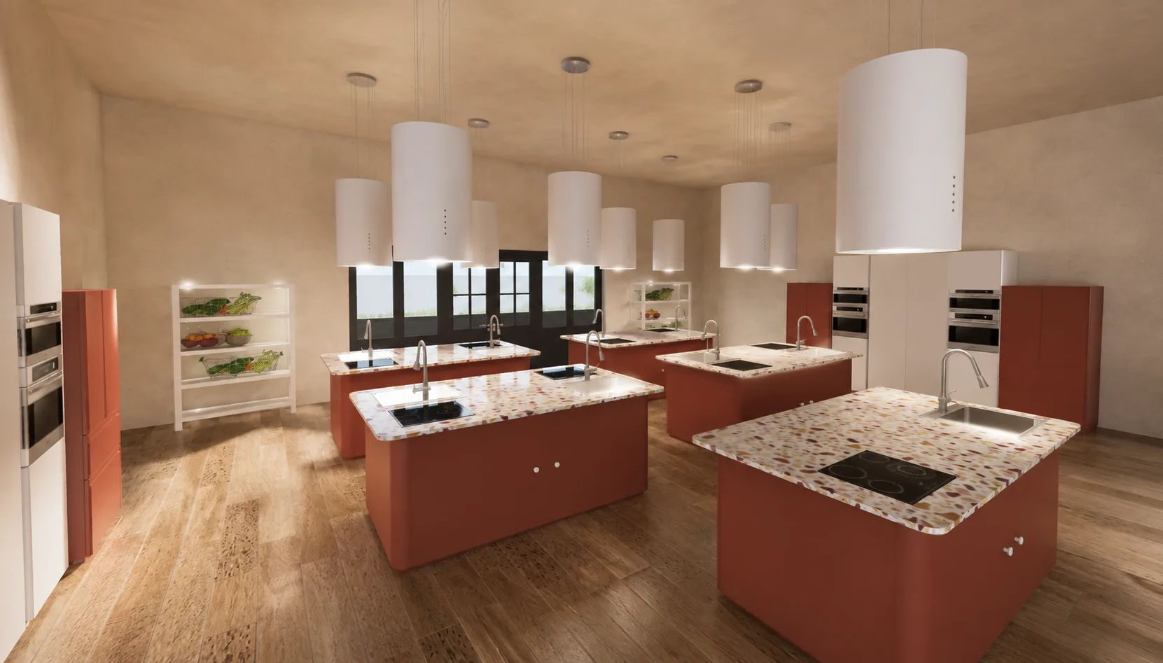 Creative workshop with terracotta islands, suspended hoods and terrazzo worktops