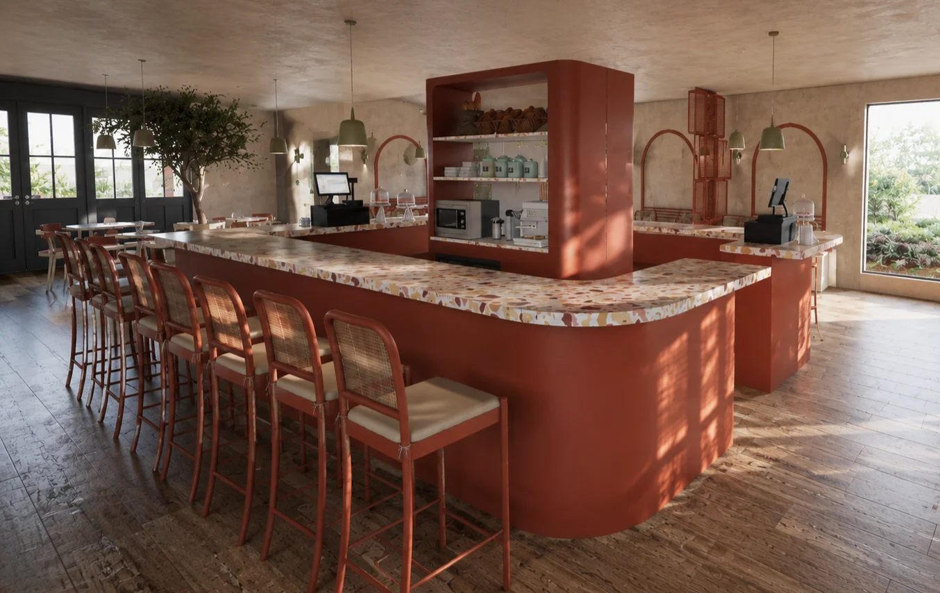 Curved terracotta bar with cane chairs and a terrazzo top