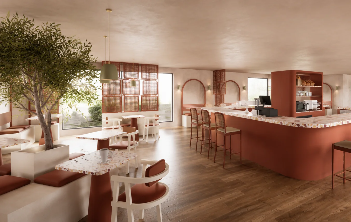 Terracotta café counter with an olive tree and terrazzo tables
