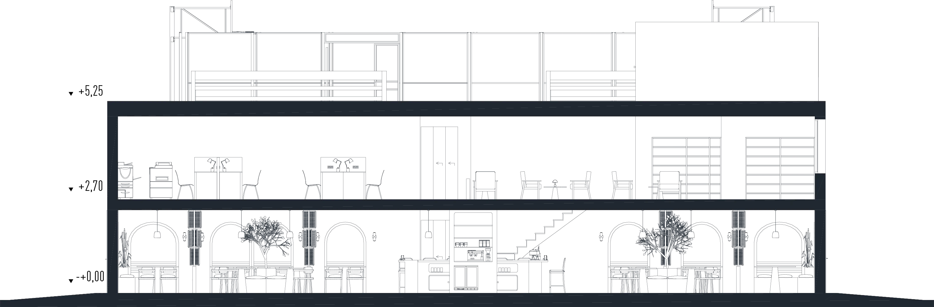 Longitudinal section showing the levels and the rooftop basketball court