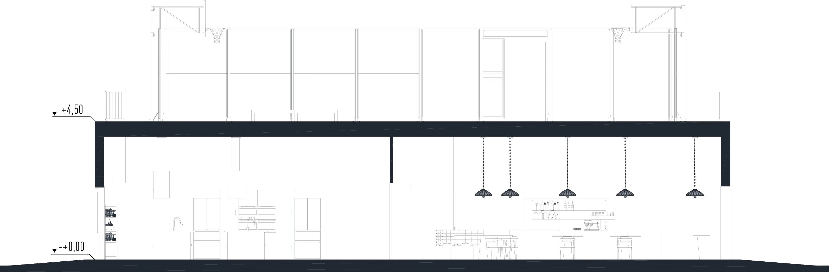 Cross section through the bar and the restaurant kitchen