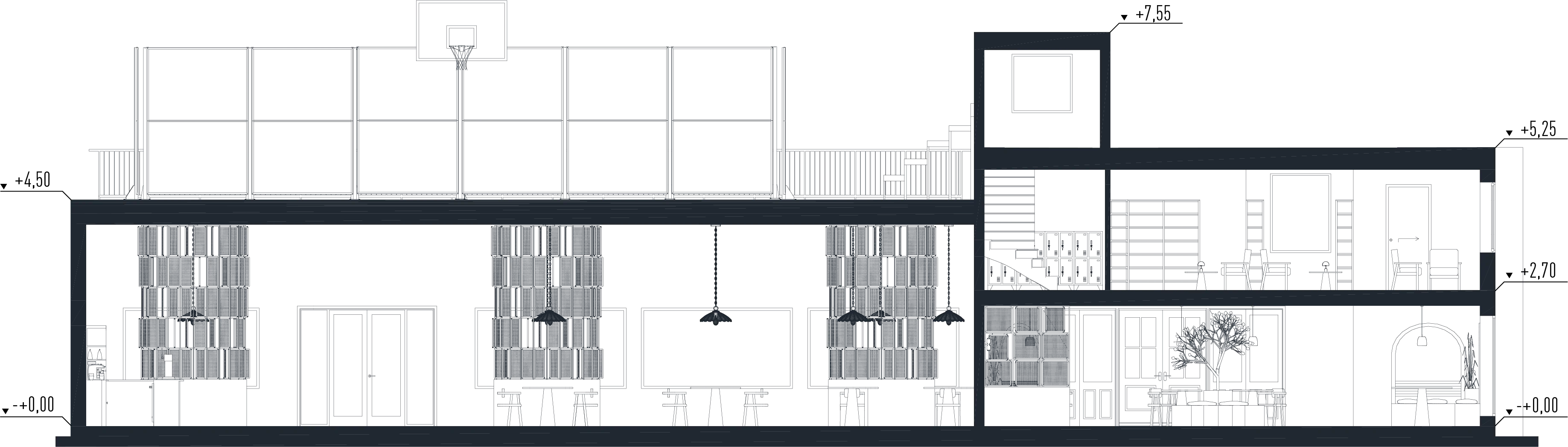 Section through the coworking and workshop spaces with washrooms