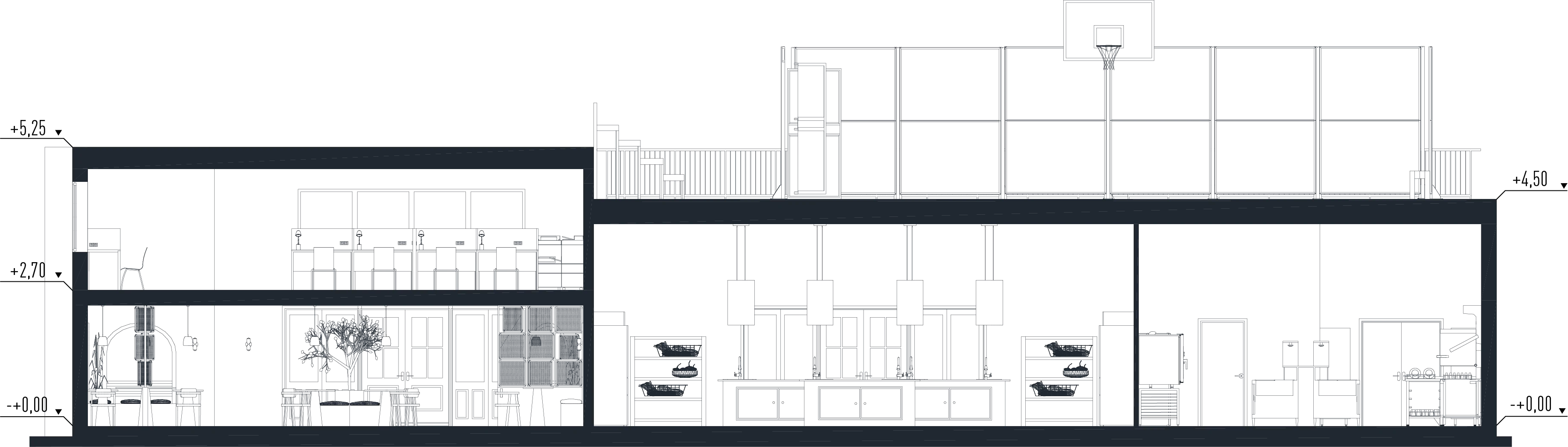 Section through the changing room, the café and the vertical circulation