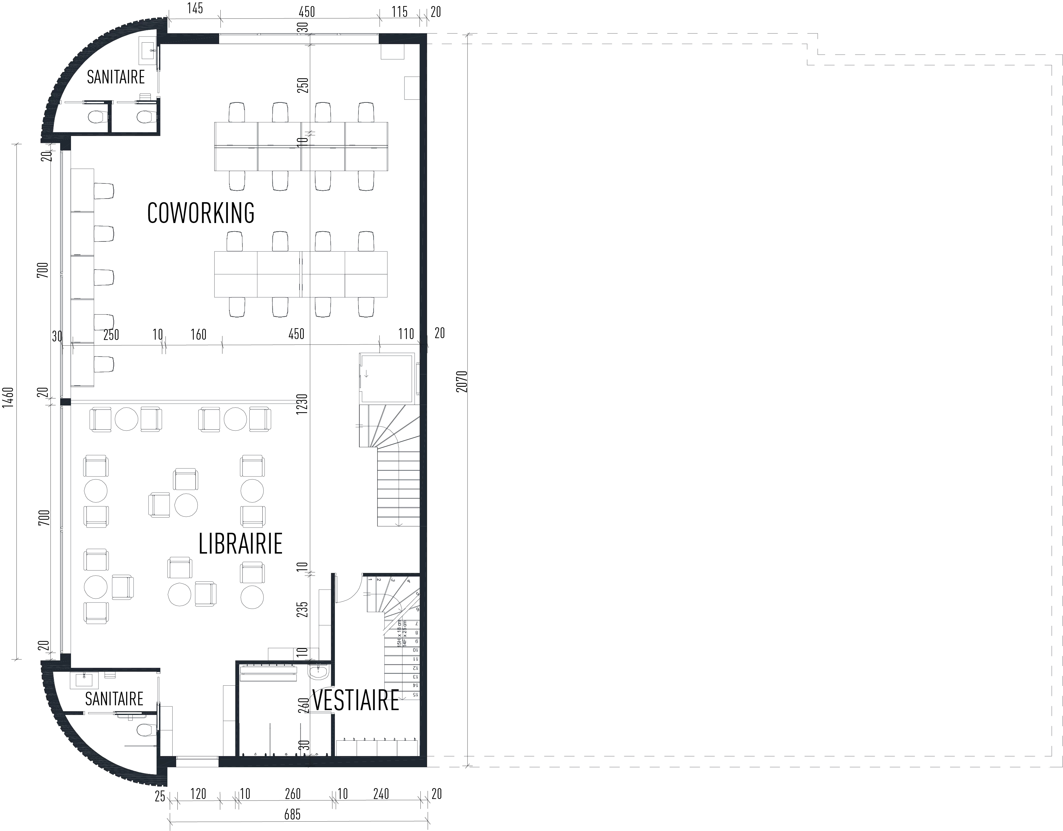 First floor plan with coworking, bookshop and changing rooms
