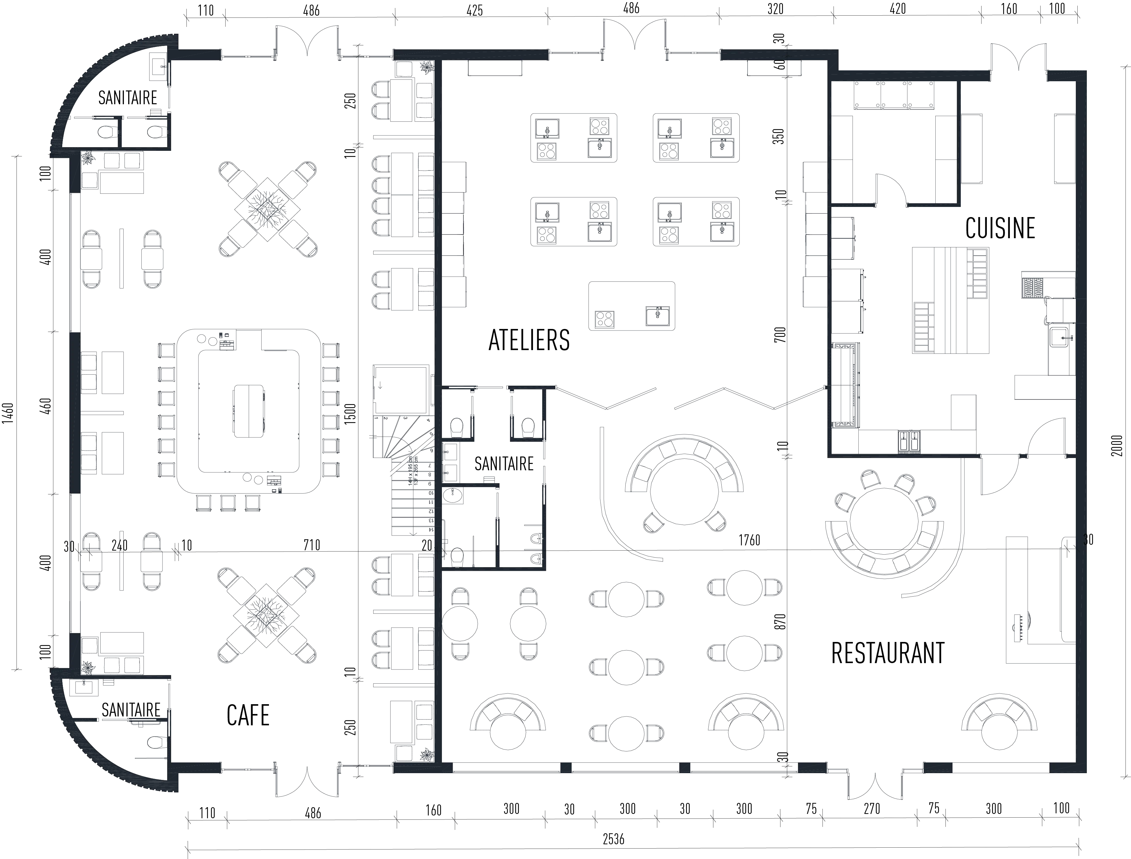 Ground floor plan with café, workshops, kitchen and restaurant