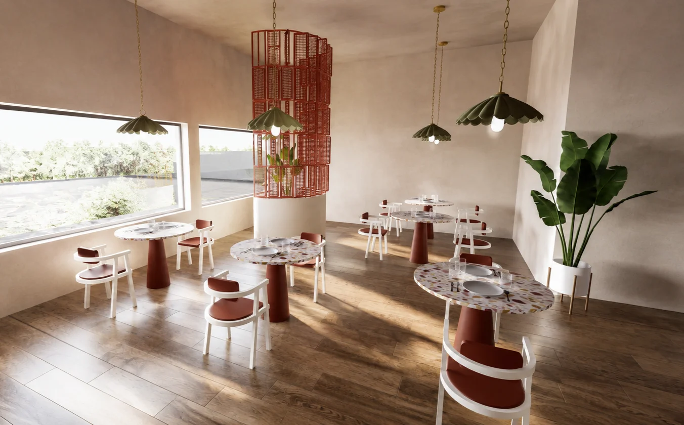 Salle du restaurant de La Table Commune avec claustra rouge ajouré, suspensions vertes et mobilier en terrazzo