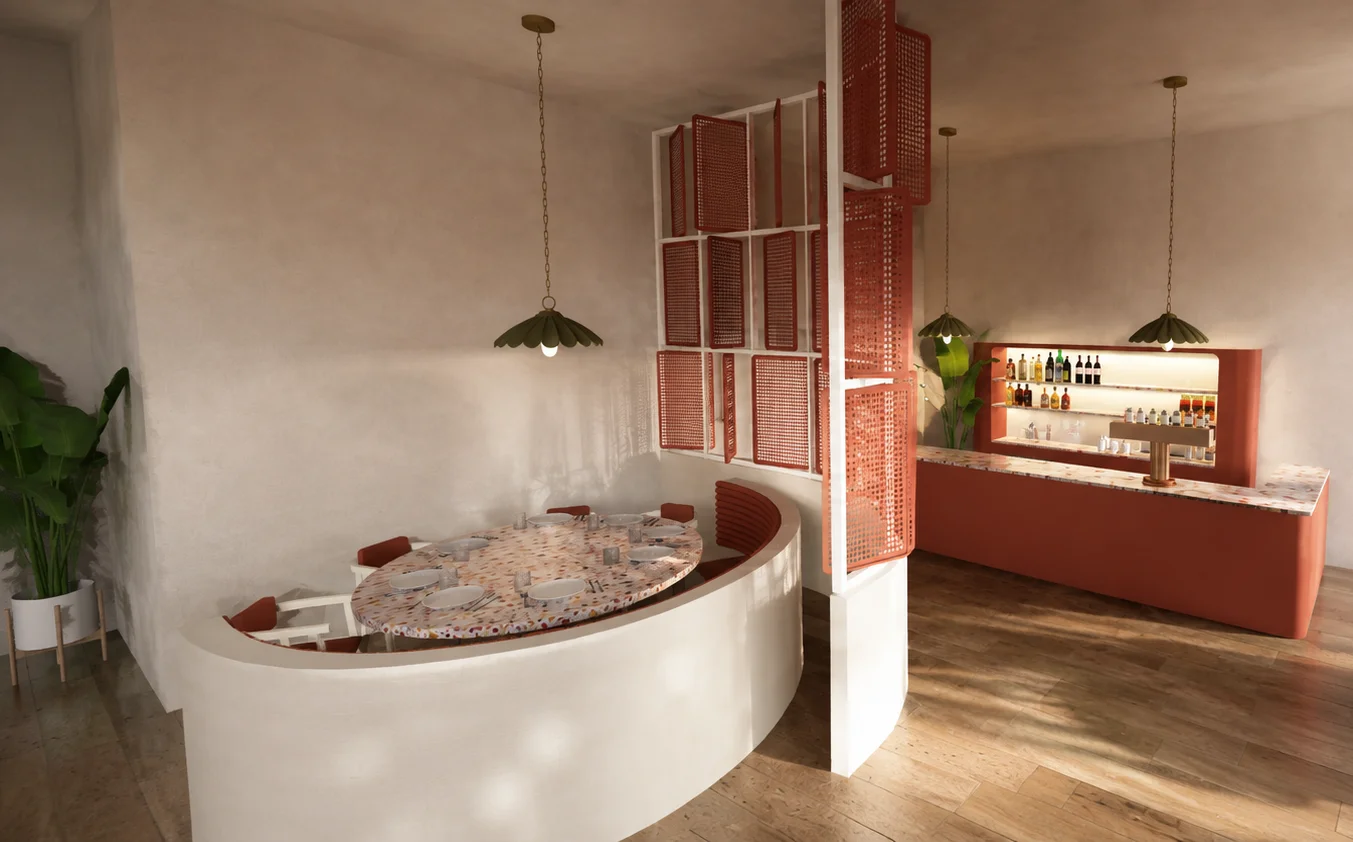 Curved private lounge and bottle bar separated by a red screen