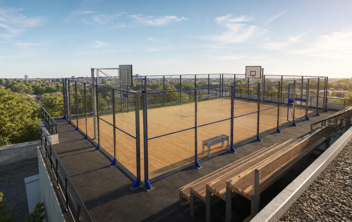 Rooftop terrace laid out as a basketball court surrounded by nets