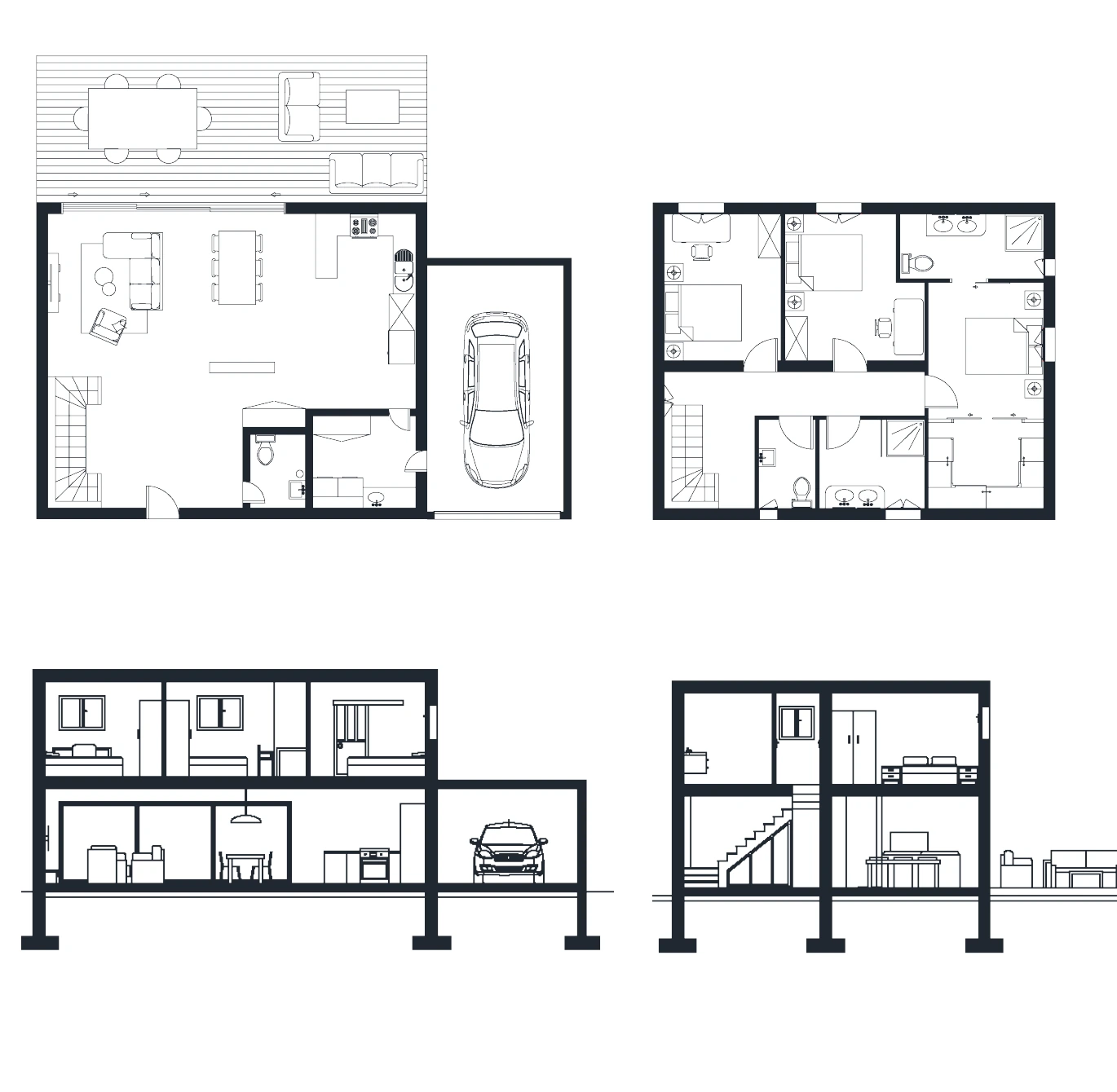 Plans et coupes d'une maison individuelle familiale organisée sur deux niveaux