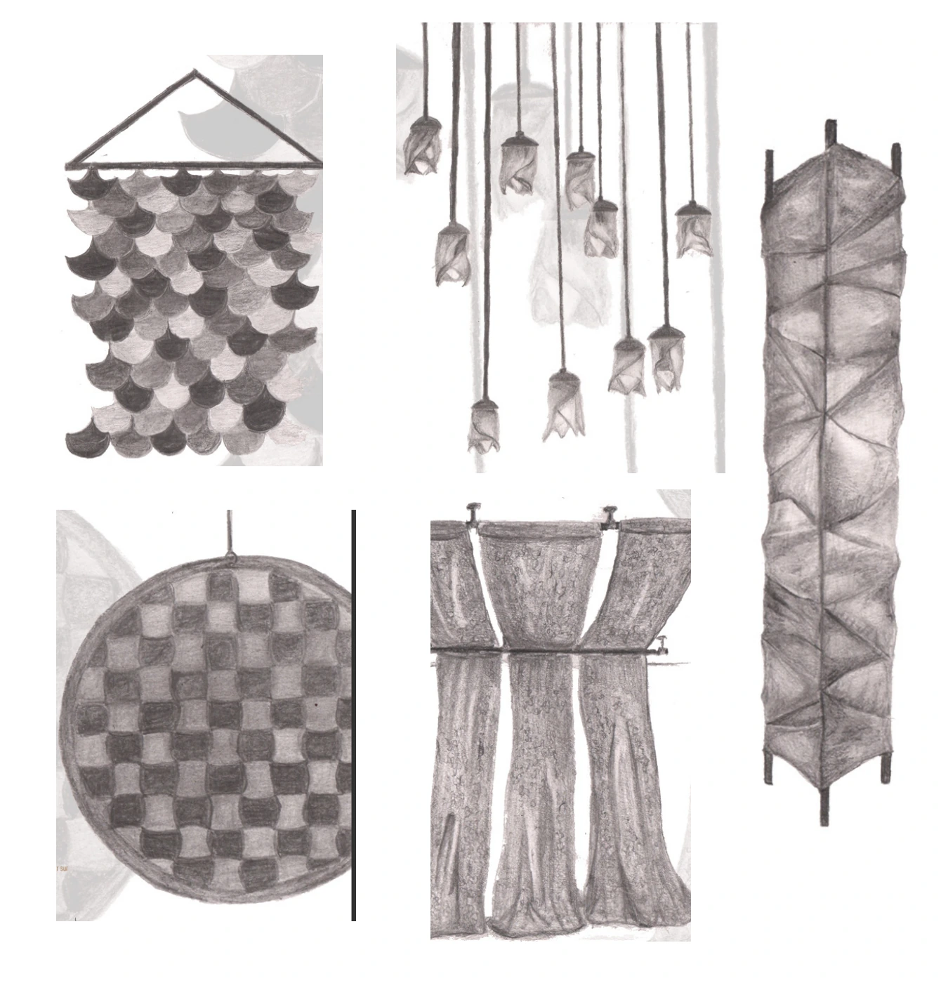 Recherches graphiques et croquis de textures suspendues pour le projet Voilage